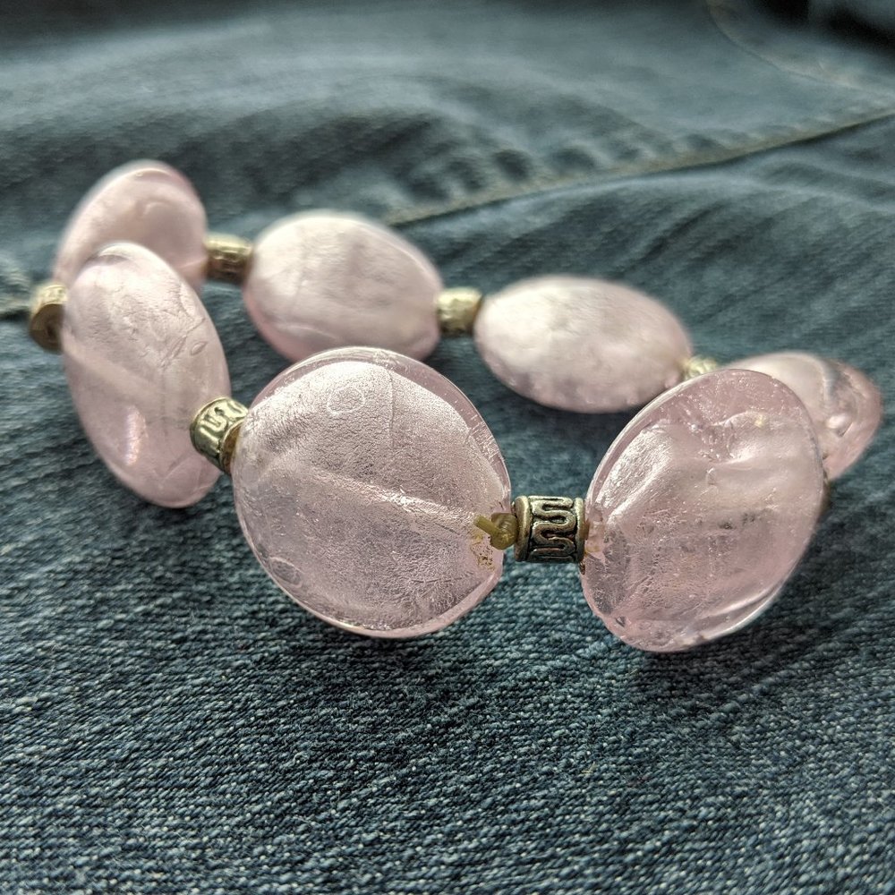 Light Pink Foiled Glass and Silver Tone Bracelet